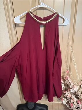Charlotte Russe Women's Burgundy Beaded-Neck Open-Shoulder Top